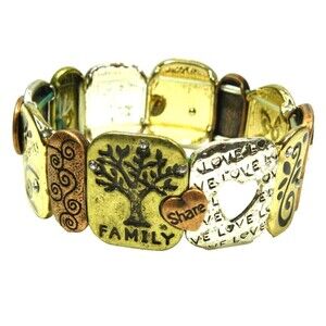 Vintage Mixed Metal Stretch Bracelet Etched Family Love  Hammered Textured